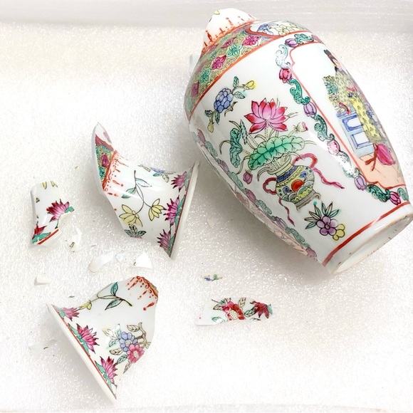 Kintsugi Vase Chinese Vtg Famille Rose Medallion Gold Crack Japanese Growth Gift - Picture 3 of 13